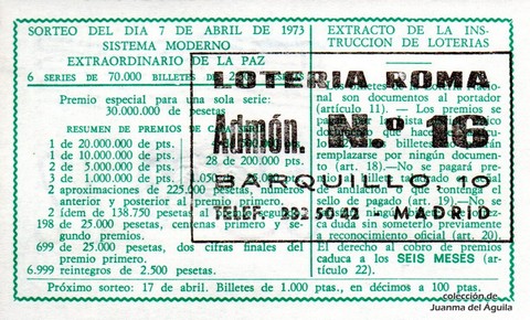 Reverso del décimo de Lotería Nacional de 1973 Sorteo 11