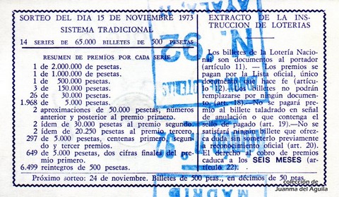 Reverso décimo de Lotería 1973 / 36