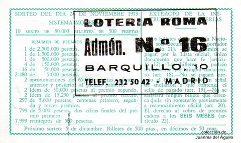 Reverso del décimo de Lotería Nacional de 1973 Sorteo 37
