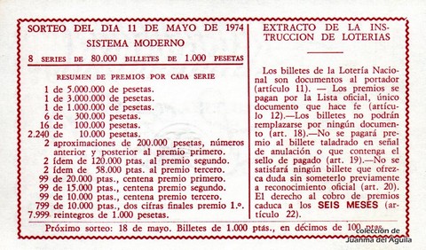 Reverso del décimo de Lotería Nacional de 1974 Sorteo 17