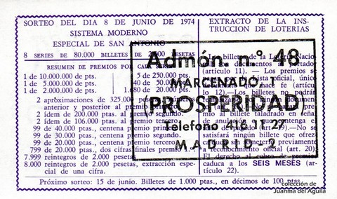 Reverso del décimo de Lotería Nacional de 1974 Sorteo 21