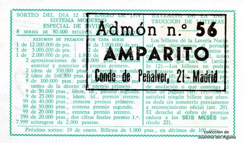 Reverso del décimo de Lotería Nacional de 1974 Sorteo 2