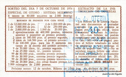 Reverso del décimo de Lotería Nacional de 1974 Sorteo 35