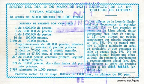 Reverso del décimo de Lotería Nacional de 1975 Sorteo 18