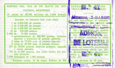 Reverso del décimo de Lotería Nacional de 1975 Sorteo 20