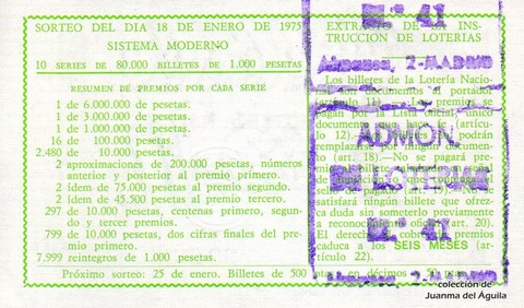 Reverso del décimo de Lotería Nacional de 1975 Sorteo 3