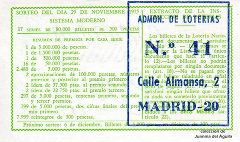 Reverso del décimo de Lotería Nacional de 1975 Sorteo 46
