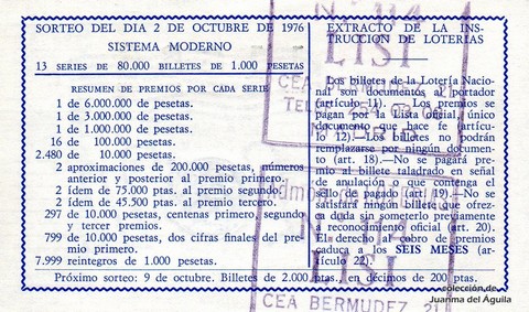 Reverso del décimo de Lotería Nacional de 1976 Sorteo 38