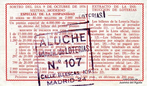 Reverso del décimo de Lotería Nacional de 1976 Sorteo 39