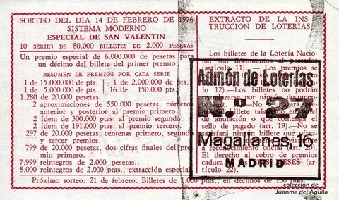 Reverso del décimo de Lotería Nacional de 1976 Sorteo 6