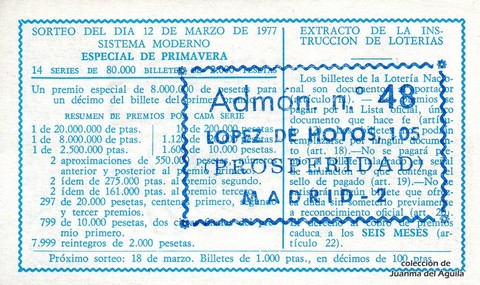 Reverso décimo de Lotería 1977 / 10