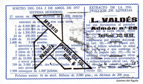 Reverso del décimo de Lotería Nacional de 1977 Sorteo 13