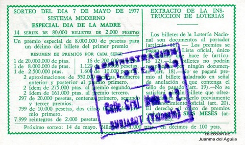 Reverso del décimo de Lotería Nacional de 1977 Sorteo 17