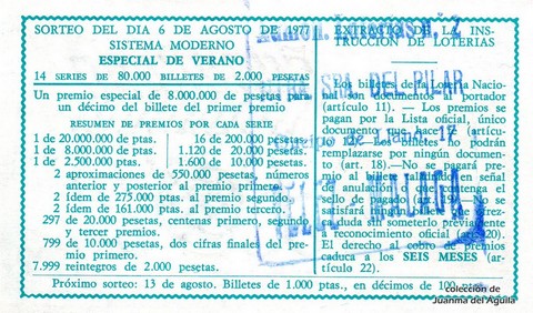 Reverso décimo de Lotería 1977 / 30