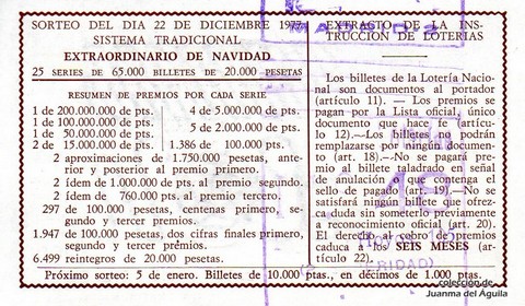 Reverso del décimo de Lotería Nacional de 1977 Sorteo 50