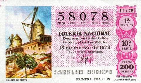 Décimo de Lotería Nacional de 1978 Sorteo 11 - MOLINOS DE VIENTO Décimo de Lotería Nacional de 1978 Sorteo 11 - MOLINOS DE VIENTO