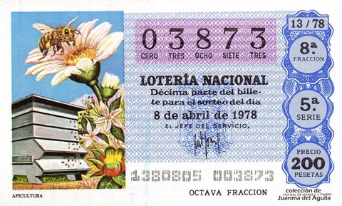 Décimo de Lotería Nacional de 1978 Sorteo 13 - APICULTURA Décimo de Lotería Nacional de 1978 Sorteo 13 - APICULTURA