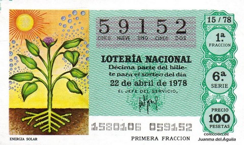 Décimo de Lotería Nacional de 1978 Sorteo 15 - ENERGIA SOLAR Décimo de Lotería Nacional de 1978 Sorteo 15 - ENERGIA SOLAR