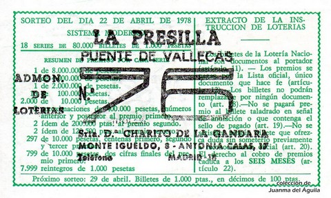 Reverso del décimo de Lotería Nacional de 1978 Sorteo 15