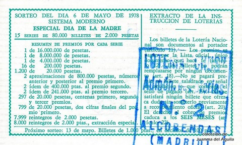 Reverso del décimo de Lotería Nacional de 1978 Sorteo 17