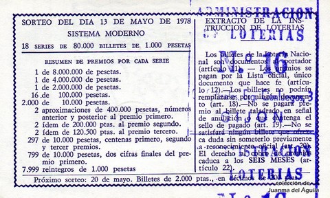 Reverso del décimo de Lotería Nacional de 1978 Sorteo 18