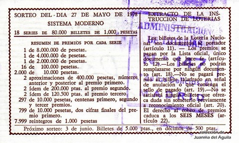 Reverso del décimo de Lotería Nacional de 1978 Sorteo 20