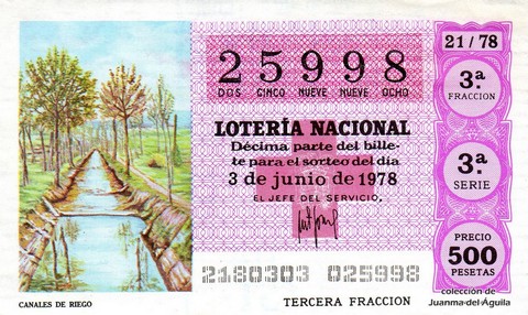 Décimo de Lotería Nacional de 1978 Sorteo 21 - CANALES DE RIEGO Décimo de Lotería Nacional de 1978 Sorteo 21 - CANALES DE RIEGO