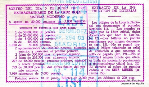 Reverso del décimo de Lotería Nacional de 1978 Sorteo 21