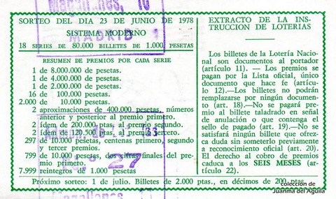 Reverso del décimo de Lotería Nacional de 1978 Sorteo 24