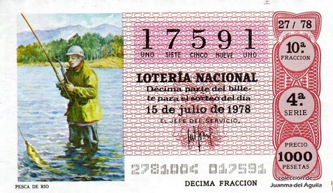Décimo de Lotería Nacional de 1978 Sorteo 27 - PESCA DE RIO Décimo de Lotería Nacional de 1978 Sorteo 27 - PESCA DE RIO