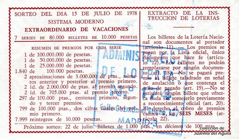 Reverso del décimo de Lotería Nacional de 1978 Sorteo 27
