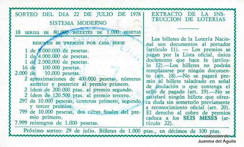 Reverso del décimo de Lotería Nacional de 1978 Sorteo 28