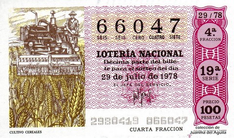 Décimo de Lotería Nacional de 1978 Sorteo 29 - CULTIVO CEREALES Décimo de Lotería Nacional de 1978 Sorteo 29 - CULTIVO CEREALES