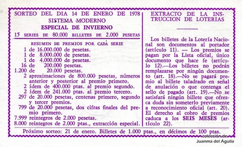 Reverso del décimo de Lotería Nacional de 1978 Sorteo 2
