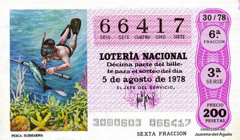 Décimo de Lotería Nacional de 1978 Sorteo 30 - PESCA SUBMARINA Décimo de Lotería Nacional de 1978 Sorteo 30 - PESCA SUBMARINA