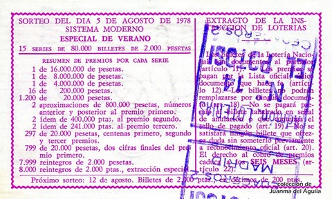 Reverso del décimo de Lotería Nacional de 1978 Sorteo 30
