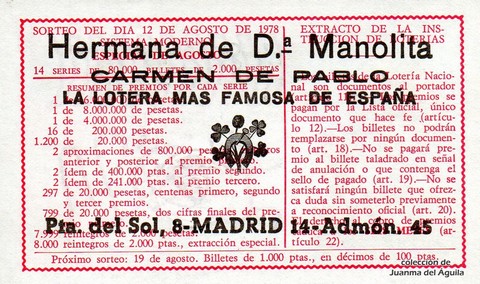 Reverso del décimo de Lotería Nacional de 1978 Sorteo 31