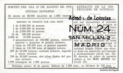 Reverso del décimo de Lotería Nacional de 1978 Sorteo 32