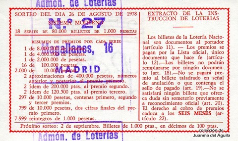 Reverso del décimo de Lotería Nacional de 1978 Sorteo 33