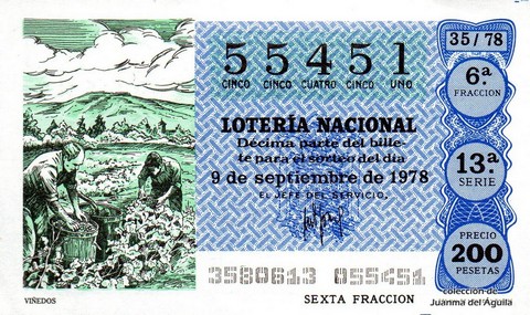 Décimo de Lotería Nacional de 1978 Sorteo 35 - VIÑEDOS Décimo de Lotería Nacional de 1978 Sorteo 35 - VIÑEDOS