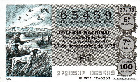 Décimo de Lotería Nacional de 1978 Sorteo 37 - CAZA Décimo de Lotería Nacional de 1978 Sorteo 37 - CAZA