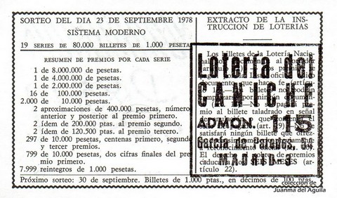 Reverso del décimo de Lotería Nacional de 1978 Sorteo 37