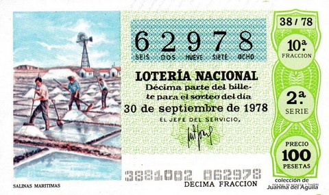 Décimo de Lotería Nacional de 1978 Sorteo 38 - SALINAS MARITIMAS Décimo de Lotería Nacional de 1978 Sorteo 38 - SALINAS MARITIMAS