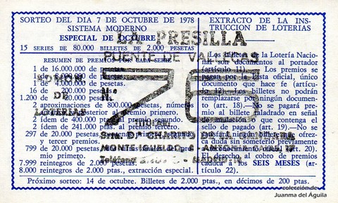 Reverso del décimo de Lotería Nacional de 1978 Sorteo 39