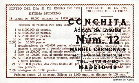 Reverso del décimo de Lotería Nacional de 1978 Sorteo 3