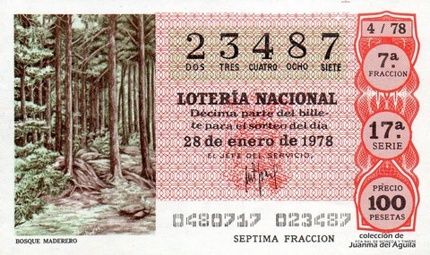 Décimo de Lotería Nacional de 1978 Sorteo 4 - BOSQUE MADERERO Décimo de Lotería Nacional de 1978 Sorteo 4 - BOSQUE MADERERO
