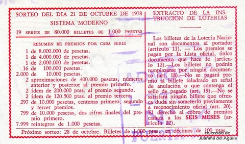 Reverso del décimo de Lotería Nacional de 1978 Sorteo 41