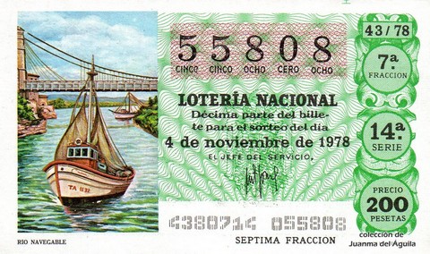 Décimo de Lotería Nacional de 1978 Sorteo 43 - RIO NAVEGABLE Décimo de Lotería Nacional de 1978 Sorteo 43 - RIO NAVEGABLE
