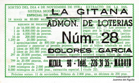 Reverso del décimo de Lotería Nacional de 1978 Sorteo 43