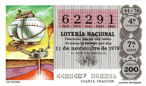 Décimo de Lotería Nacional de 1978 Sorteo 44 - GAS NATURAL Décimo de Lotería Nacional de 1978 Sorteo 44 - GAS NATURAL